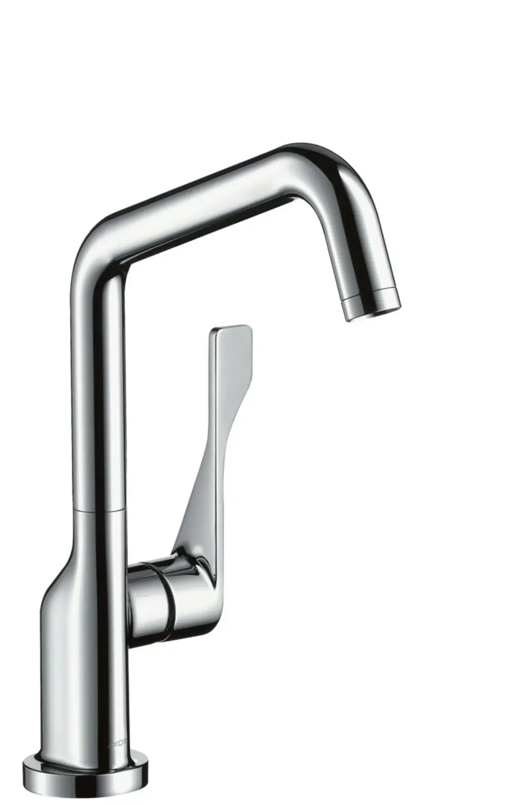 Küchenmischer von AXOR mit einem schwenkbaren Auslauf und einem ergonomischen Hebel zur Steuerung des Wasserflusses. Oberfläche in poliertem Edelstahl.